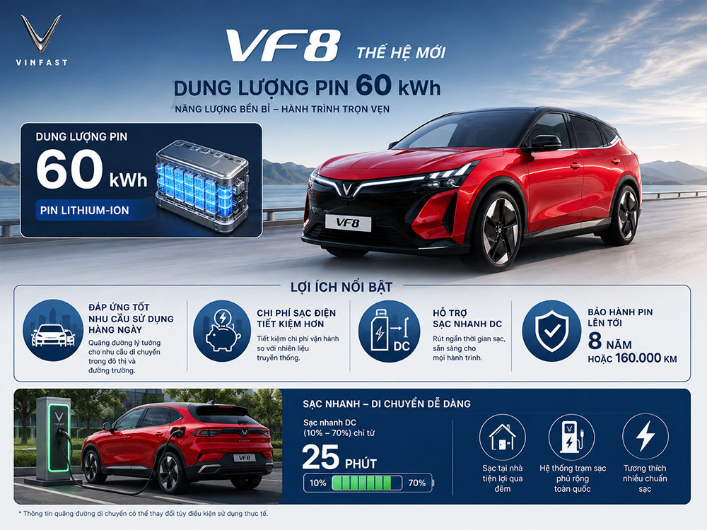 Dung lượng pin trên VF 8 thế hệ mới